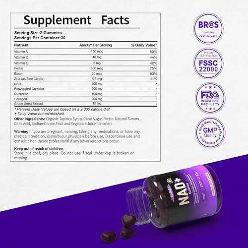 Miniatura 2 de Gomitas NAD con resveratrol, mezcla multivitamínica, quercetina, colágeno y zinc, gomitas masticables NAD para mujeres, sabor natural a uva,