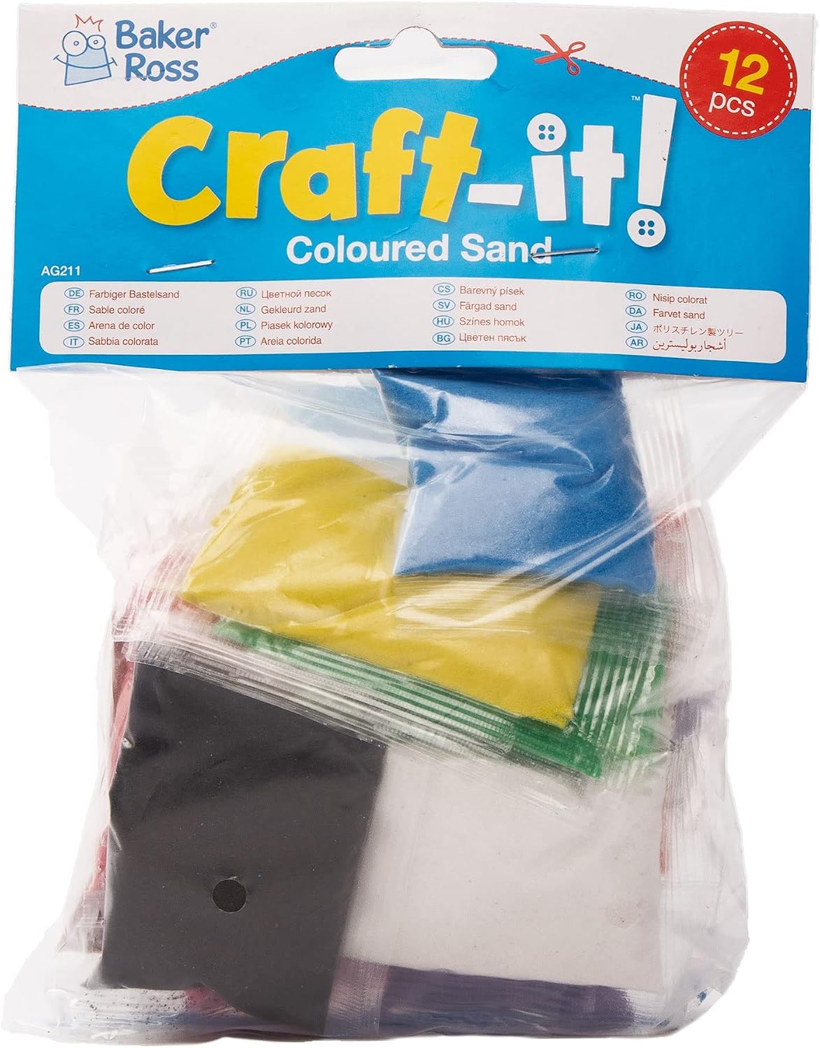 Baker Ross-AG211 Mini Bags of Coloured Sand for Kids Art Supplies, Crafts & Textured Paint Effects (Pack of 12 x 40g), 40H, Assorted 12 Pack