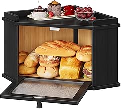 HOOBRO Bamboo Corner Bread Bin with Wave Effect Door, Large Capacity Kitchen Bread Box, Bread Bin for Kitchen and Dining Room, Black EBK18MB01