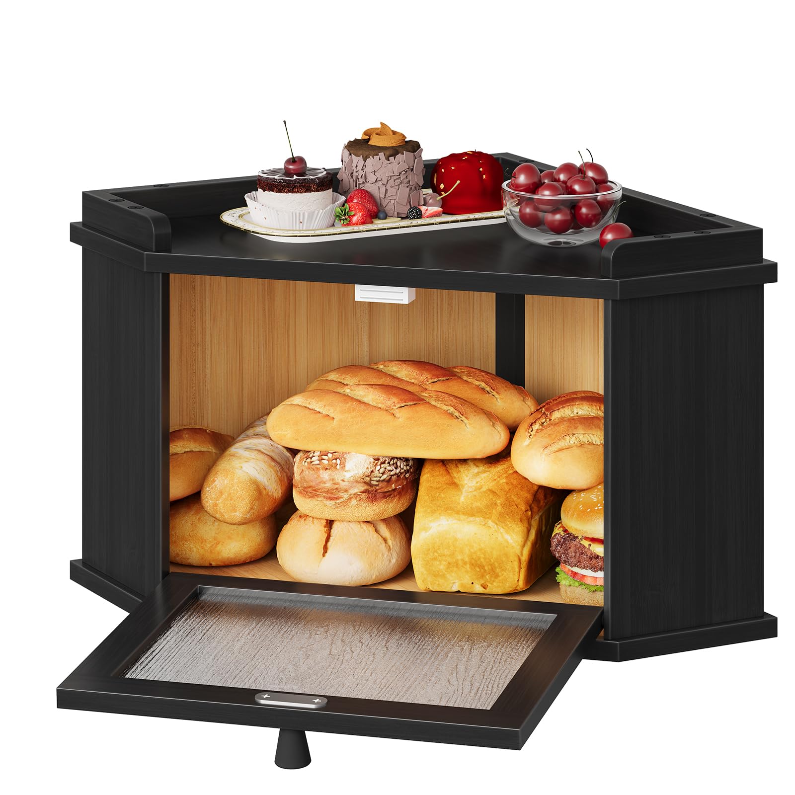 HOOBRO Panera Esquinera de Bambú con Diseño de Ondas de Agua, Caja de Almacenamiento de Pan, para Alimentos, para Cocina y Comedor, 32 x 32 x 24 cm, Negro EBK18MB01