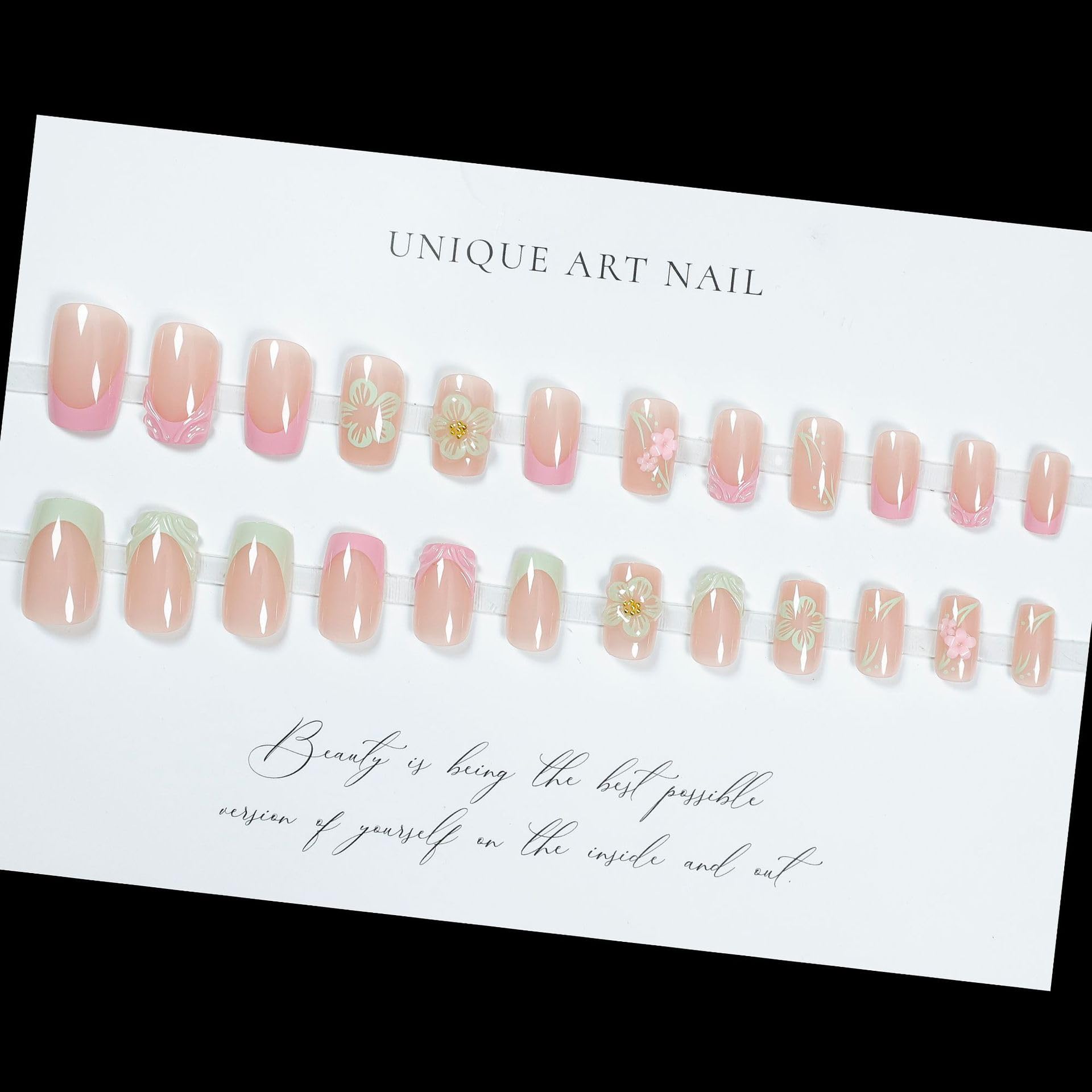 Press on Nails krótkie paznokcie, kwadratowe, zielone, różowe, francuskie kwiaty, paski 3D, wzór kwiatowy, sztuczne paznokcie z klejem do paznokci, zielone różowe tipsy, falowane kwiaty