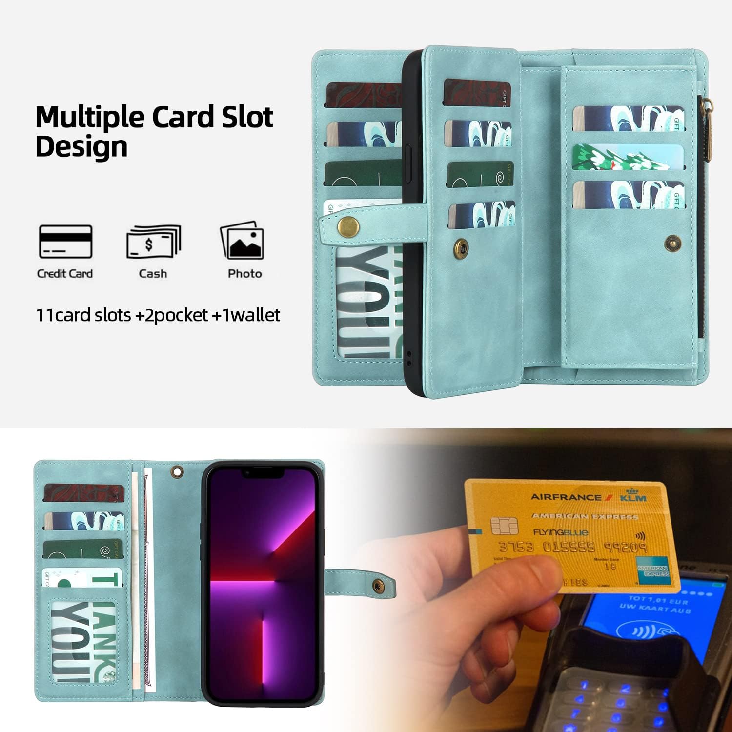 TwoHead for iPhone 13 Pro Max Wallet Case with Card Holder & Detachable Magnetic Phone Case, Leather All-Round Protection Phone Case Wallet for Women/Men,6.7 in, Blue - Image 8