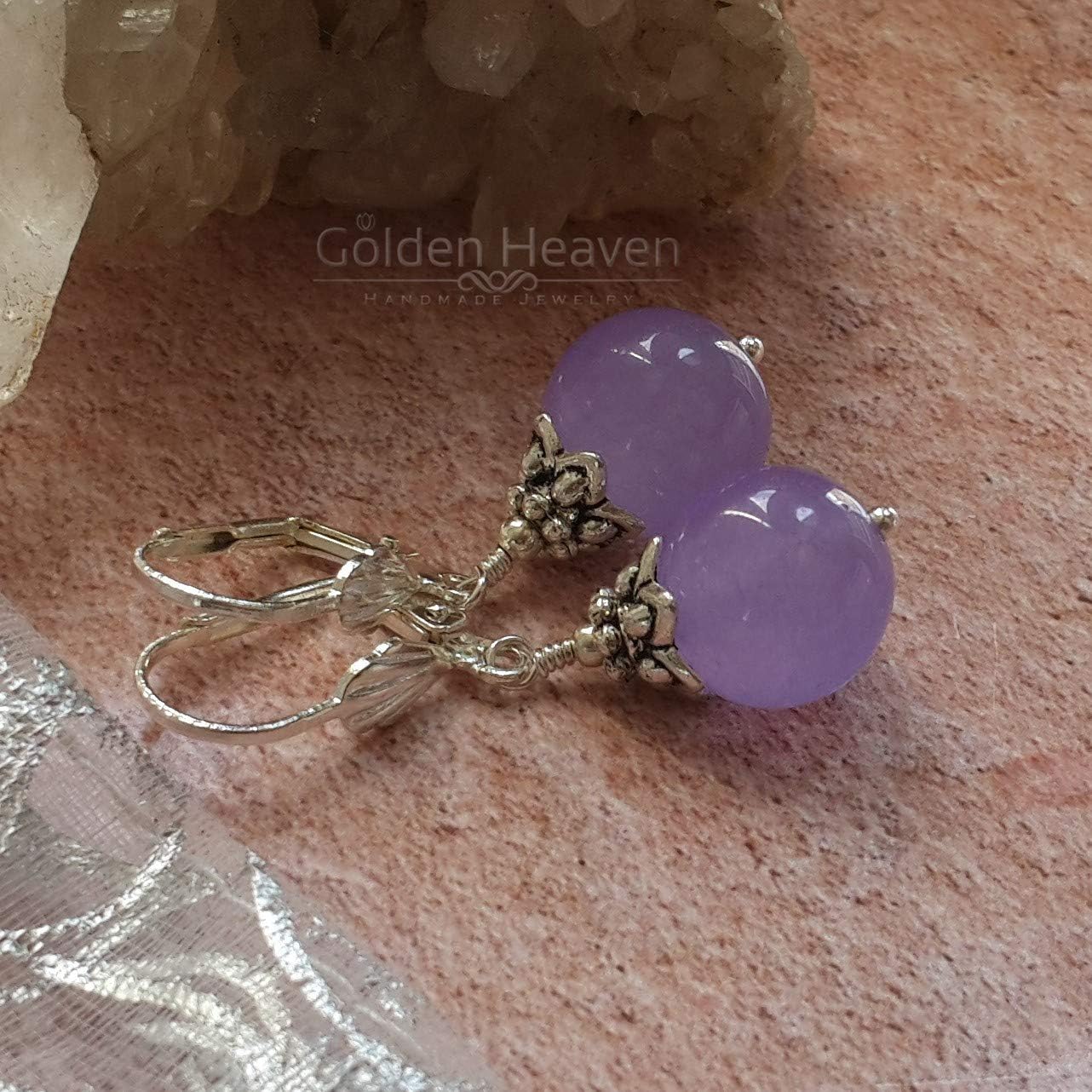 Lavender Jade Earrings for Women Jewelry Round Jade Dangles Silver Plated Lever Backs in Gift Box - Image 2