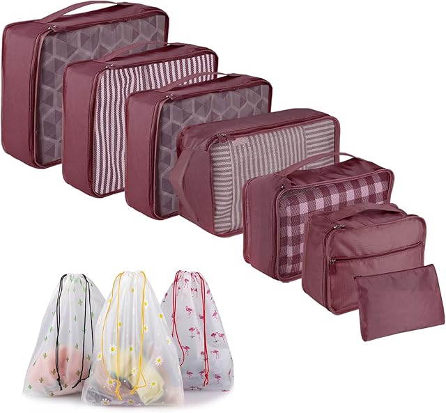 Howala Packing Cubes 10 PCS Travel Organiser Bags for Suitcases Travel Luggage Packing Bags Set Storage Bags for Clothes Makeup Toiletry Shoes Waterproof Compression Pouches for Men Women Wine Red
