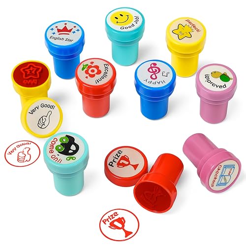 Oytra Self Inking Motivation Reward Stamps Set of 10 Red Ink Teacher Stamps for Notebook Checking Good Job Remarks Appreciation Marking School Classroom Stationery