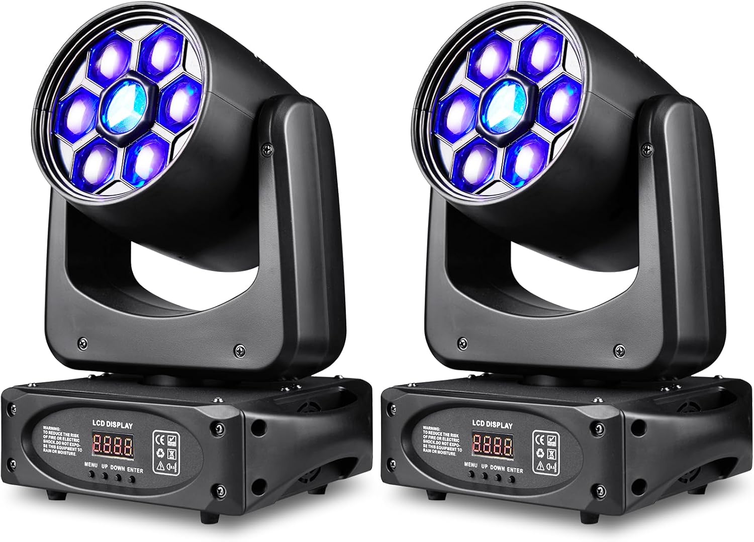 Two TCQQ 150W Moving Head Lights with their LCD displays visible, showcasing the compact design and light output.