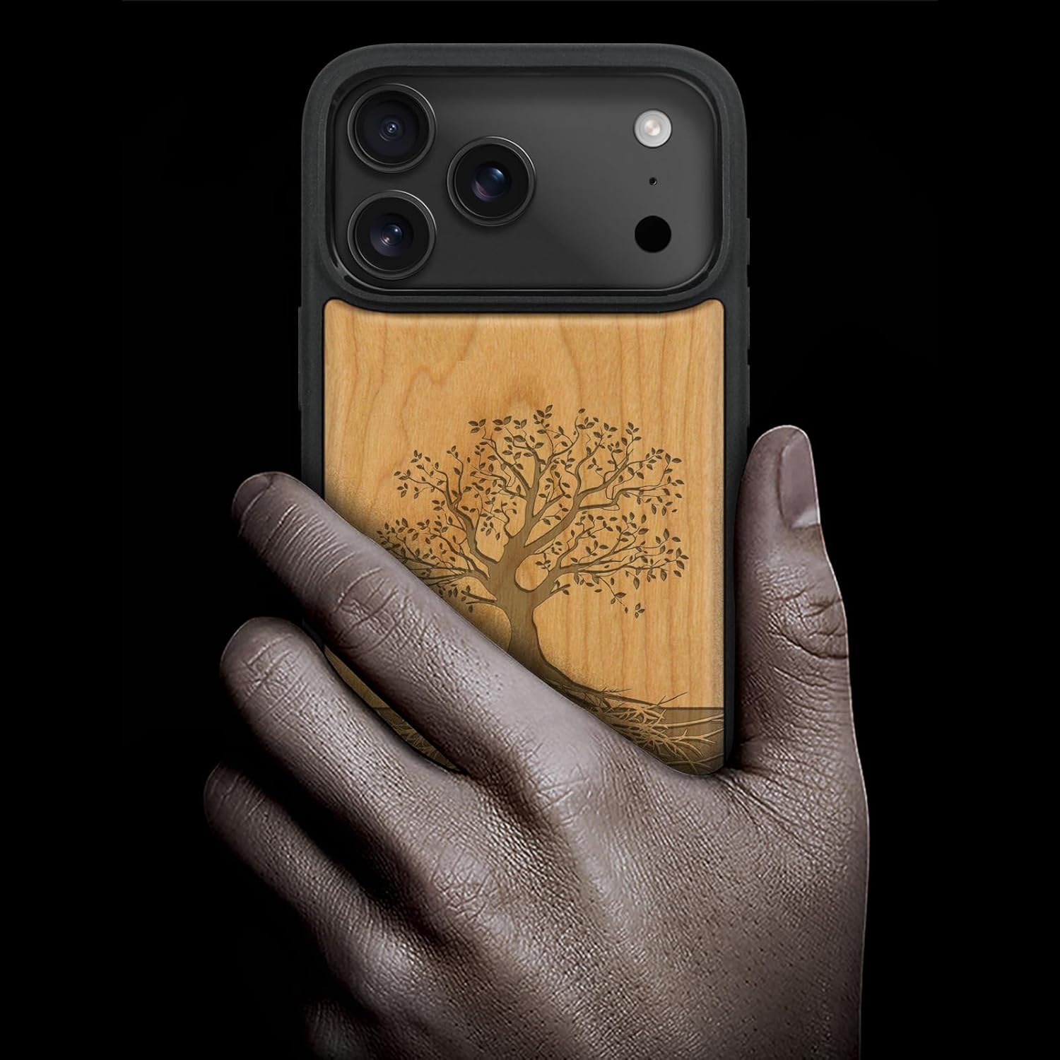 Carveit Magnetic Wooden Case for iPhone 17 Pro Max Case, Wood Artisan Engraved & Black Soft TPU Shockproof Cover, Compatible with MagSafe Wireless Chargers (The Yin Yang Tree) Cherry
