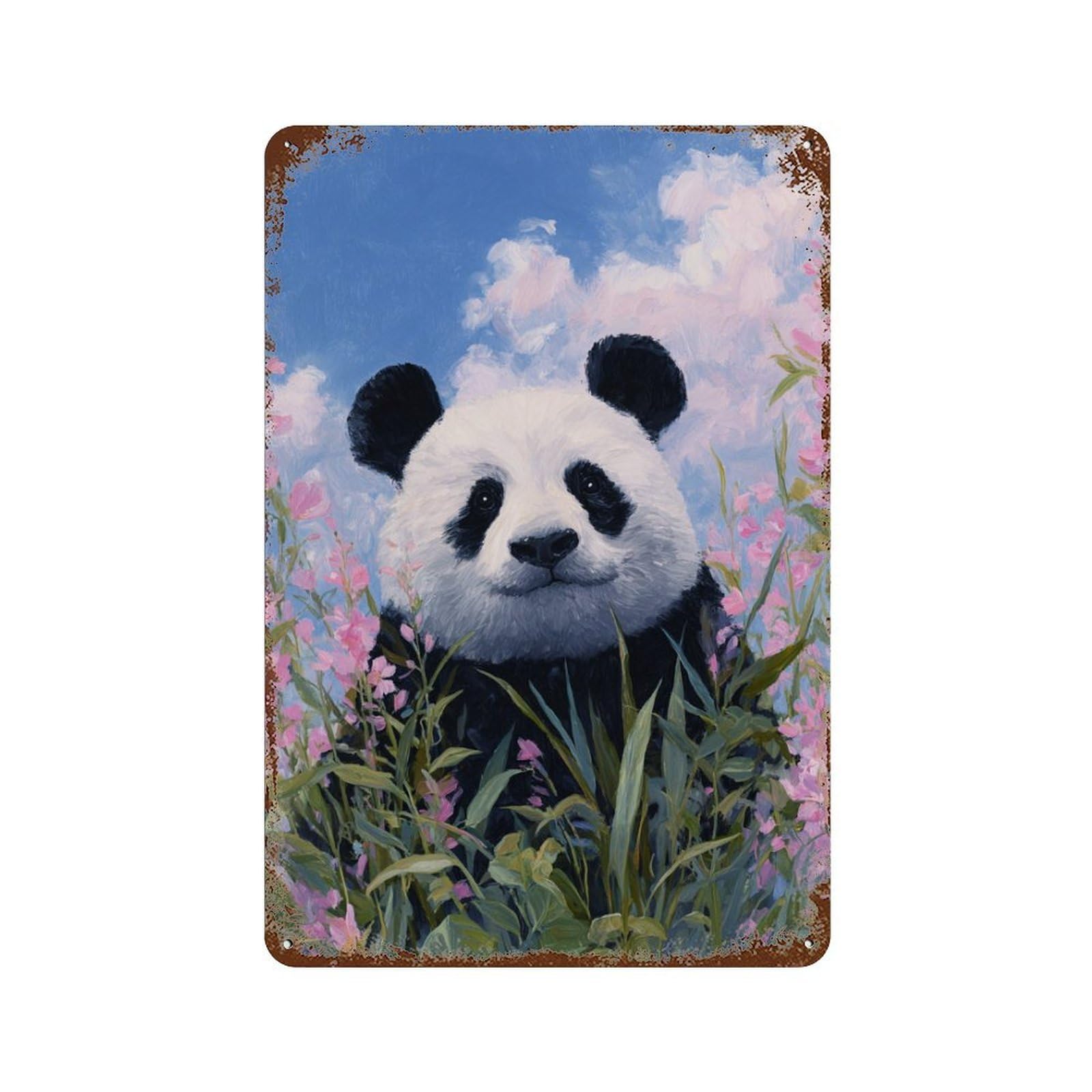 Rusty Metal Tin Sign Panda in Flowers-2 11.8"x7.9", Rustic Home Decor for Shed, Workshop And Garage Wall Decor