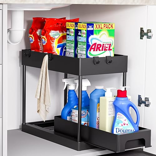 GODDSEVOES Storage Pull 2 Tier Under-Sink Drawer 4 Hook 1 Cup Black Under Sliding Cabinet Basket Organizer for BathroomKitchen