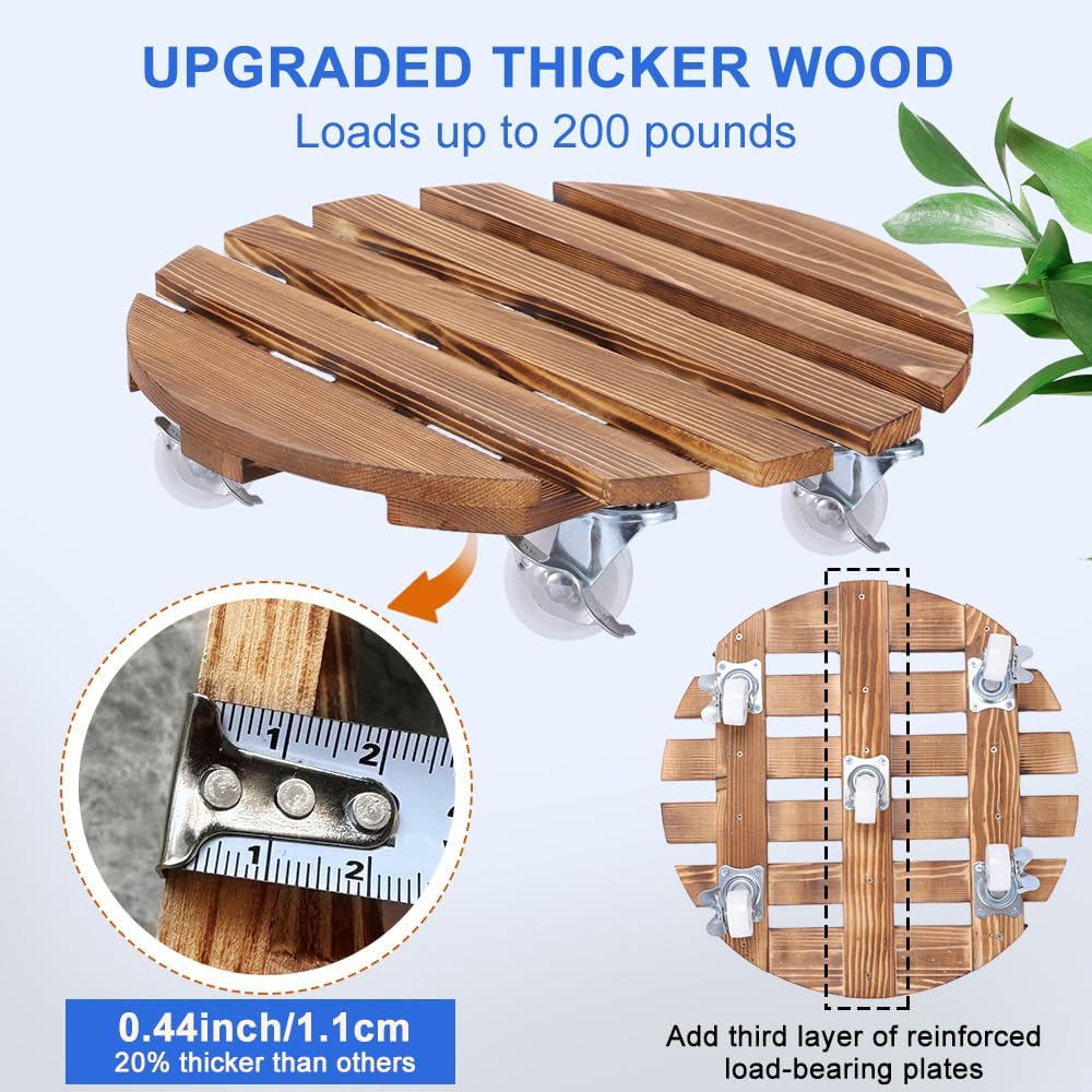 2 Pack Plant Caddy with Wheels Heavy Duty, 14 Inch Rolling Plant Stand with 5 Wheels, Thicken Wood Plant Dolly for Indoor Outdoor Use,Round Plant Rollers Tray for Large Plants & Pots