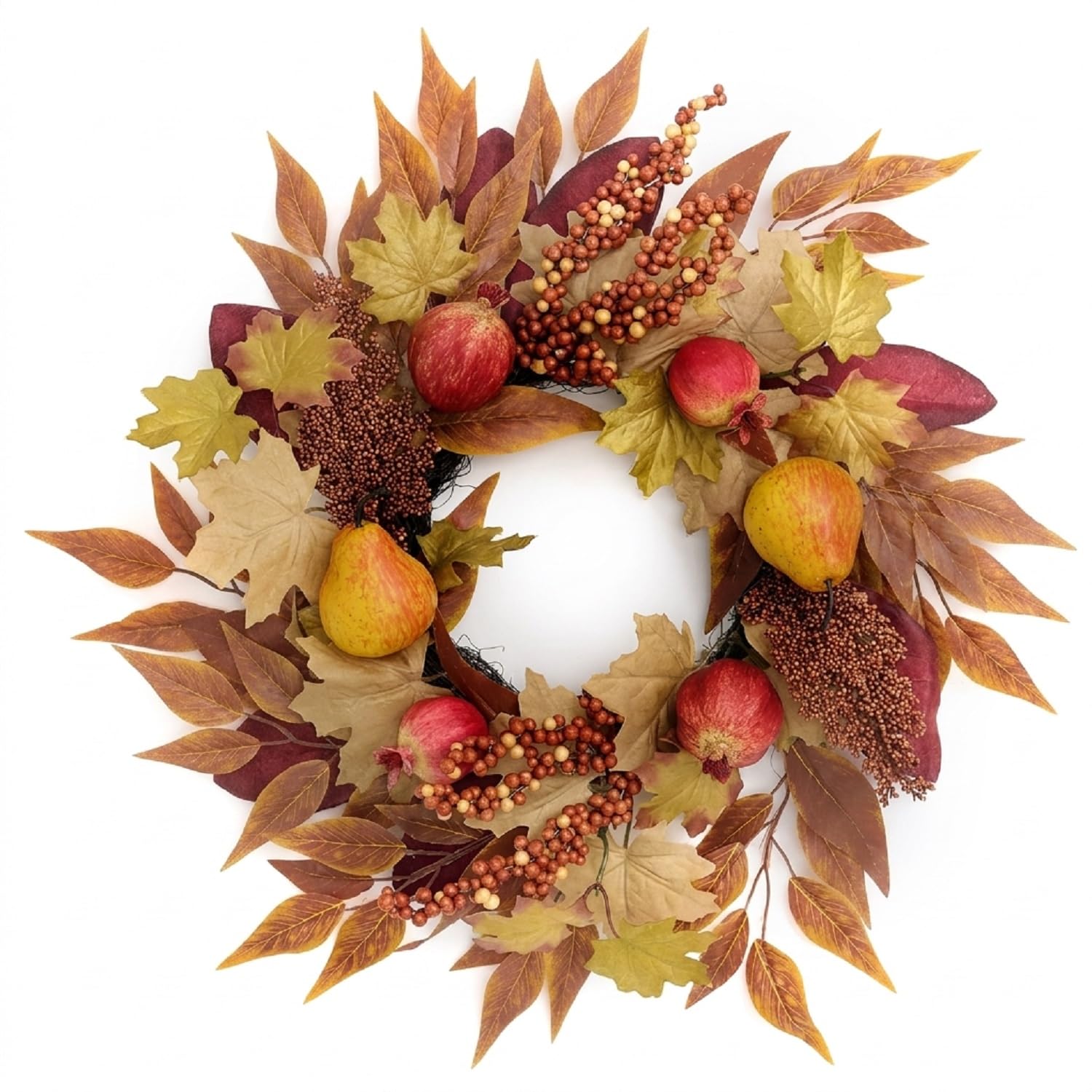 Valery Madelyn 18 inch Autumn Wreath for Front Door, Fall Wreath Decorations with Garnet, Berries and Maple Leaves for Thanksgiving Home Wall Windowsill Centerpiece Outdoor Decor