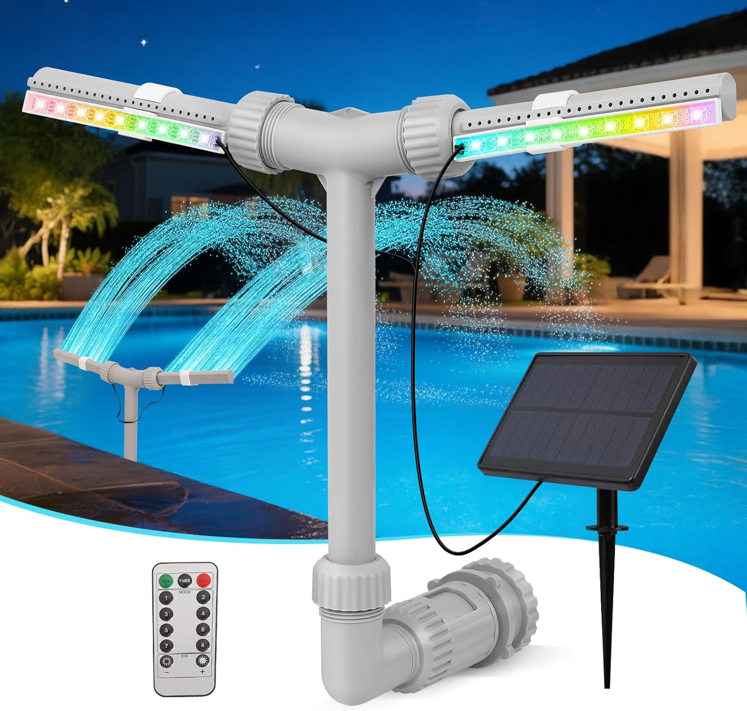 Solar Pool Fountain with Lights - Dual Spray Water Fountains for Above Ground/Inground Pools, High-Pressure Waterfall & Pool Sprinkler Fountain Accessories
