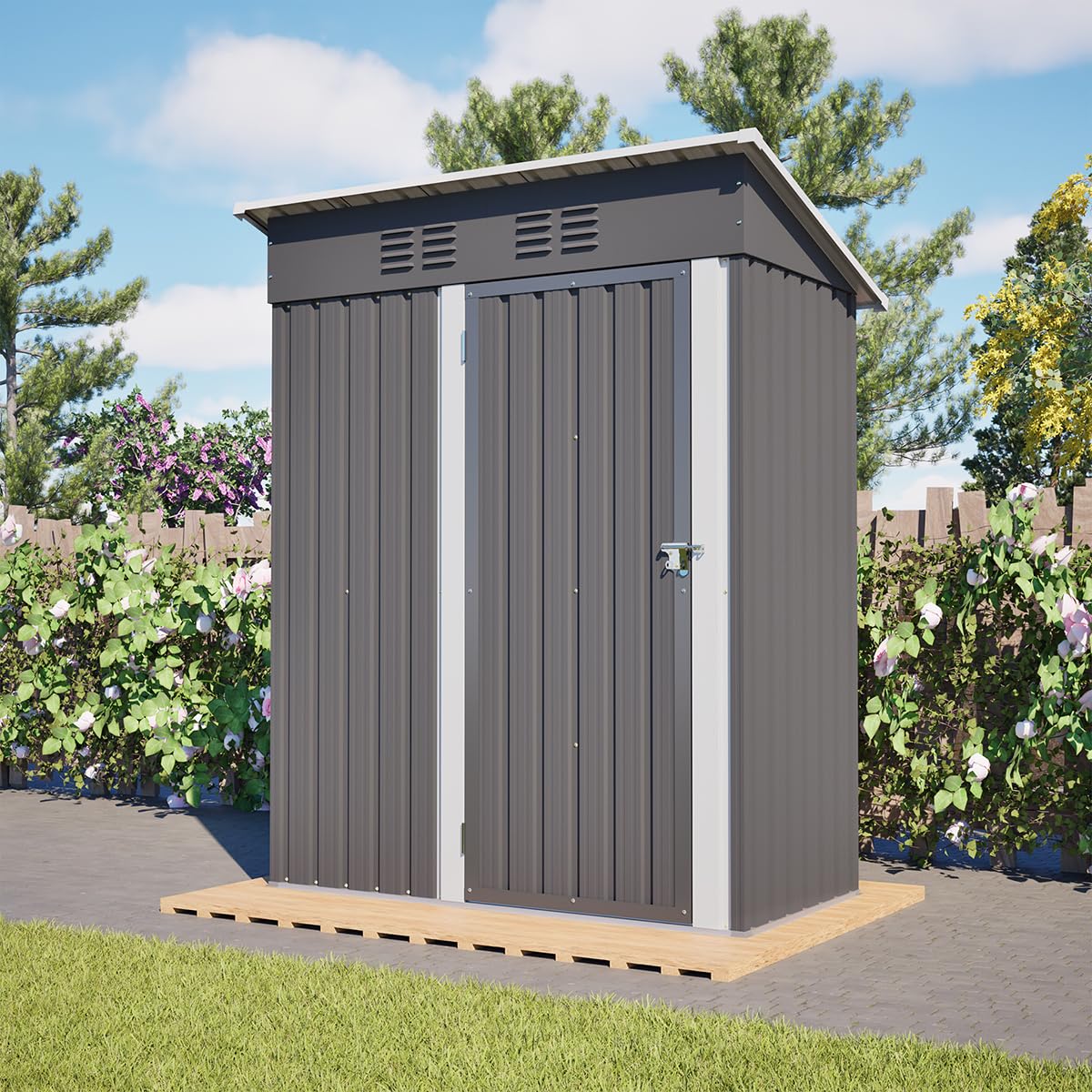 Capannone da Giardino, 152x84x182 cm Casetta Metallica con Tetto Inclinato da Esterno, Porta Attrezzi da Giardino (Grigio)