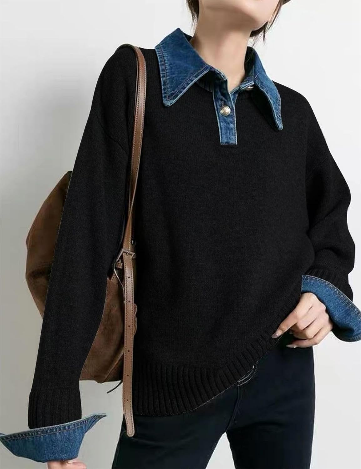Womens Denim Lapel Sweater Oversized Long Sleeve Button Down Polo Knit Pullover Sweaters 2025 Fall Outfits - Image 2