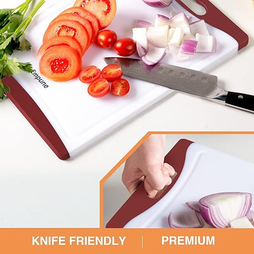 Vista 12 de Tablas de cortar extra grandes, tablas de cortar de plástico para cocina (juego de 4) tabla de cortar para lavavajillas con ranuras para jugos, asas
