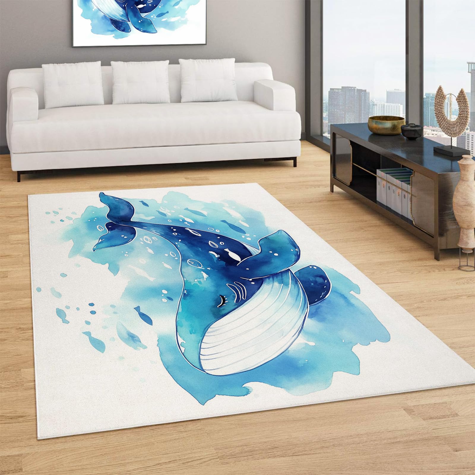 Tapis salon et chambre moderne aquarelle de baleine tapis lavable 150 x 210 cm