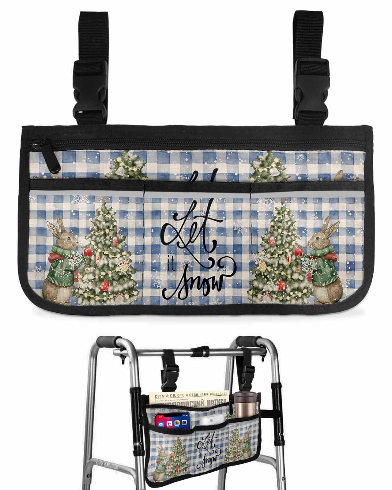 Christmas Wheelchair Side Storage Bag Vintage Squirrel Snowflakes Pine Tree Blue Plaid Armrest Pouch with Cup Holder and Reflective Strip Wheelchair Accessories Organizer Bags for Walkers Rollator