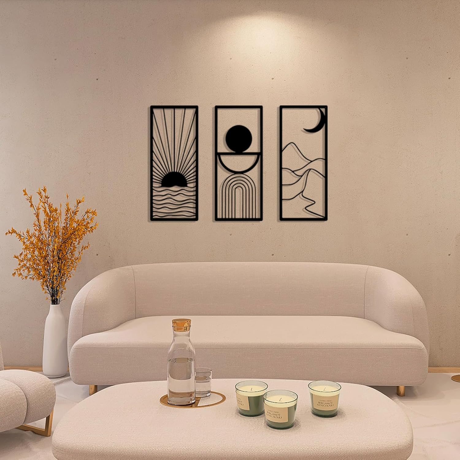 DUOOLN 3 Pcs Black Abstract Metal Wall Decor, Minimalist Decorative Single Line Art Wall hangings, Modern Geometric Sun Moon Mountain Scene Metal Wall Sculpture for Living Room Bedroom Bathroom Study Home Wall Painting