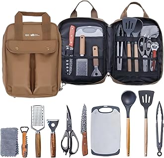 Sadodo Camping Cooking Utensils Accessories Set,11PCS Camping Kitchen Utensils Organizer,Silicone Stainless Steel,Multifunctional Cutlery,Spoon Spatula,With Storage Bag