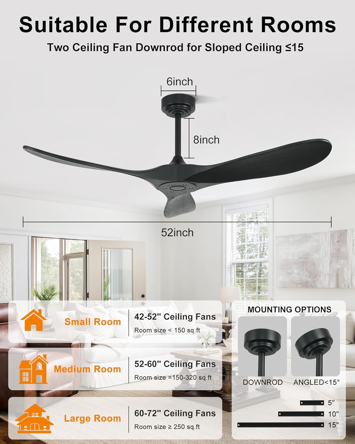 52 Inch Outdoor Ceiling Fans without Lights, Smart Wood Ceiling Fan no Light with Remote Control & Alexa/Google, Outdoor Fan for Patios Farmhouse 3 Blades High CFM Ceiling Fans Black