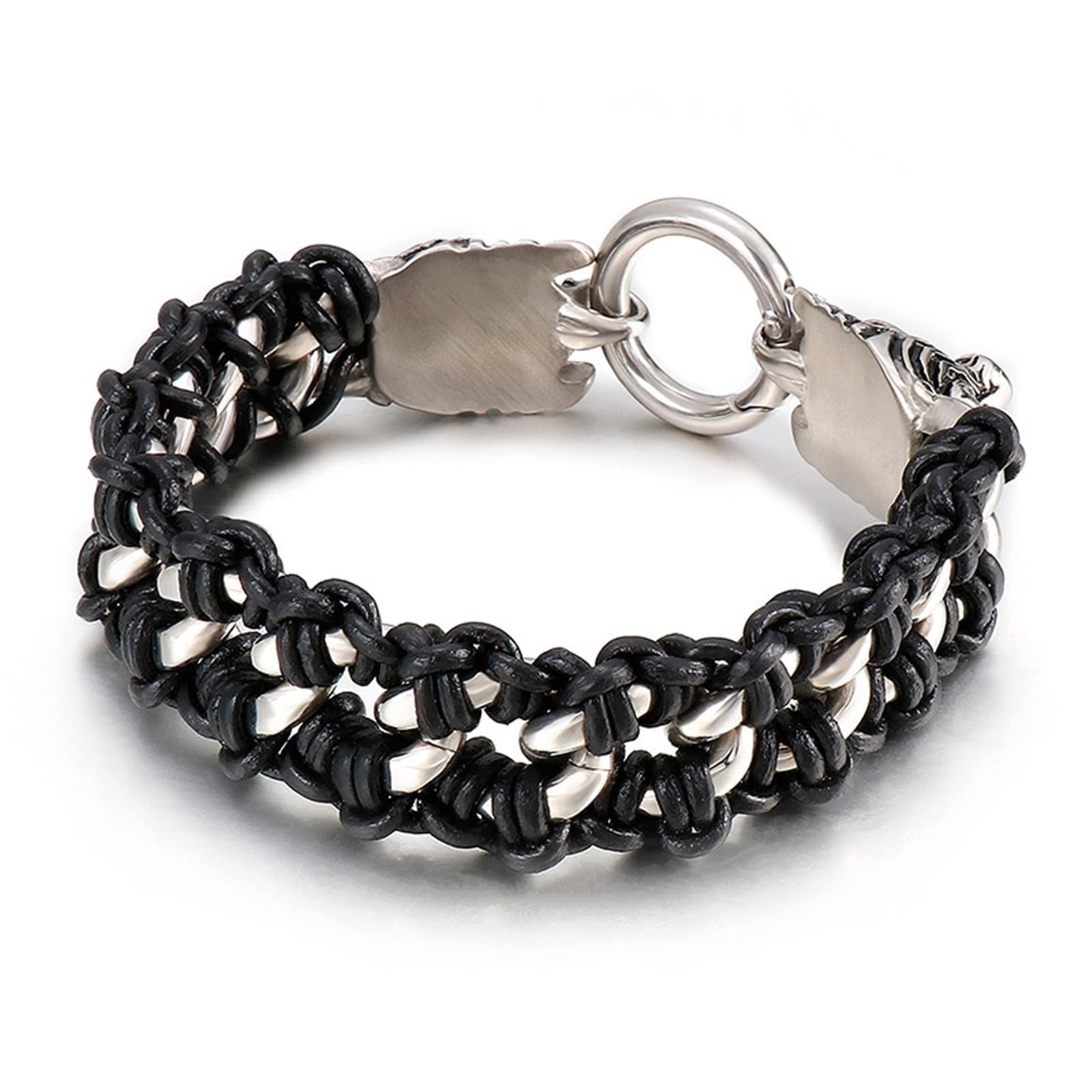KnSam Bracelet en Cuir Chaîne Tressé 23cm, Bracelet avec Tigre et Tête de Mort Acier Inoxydable Punk Fantaisie