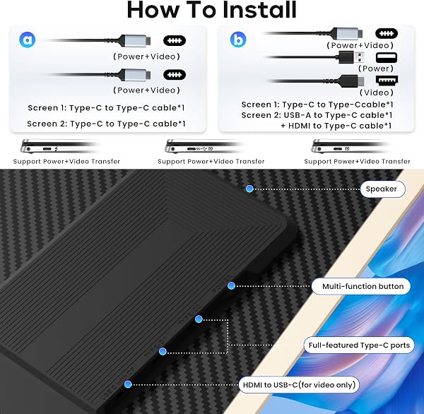 Laptop Screen Extender, 15.6'' 1080P FHD Laptop Monitor Extender with 235°Rotation Detachable Dual Monitor, Plug & Play, Triple Screen for 13"-17.3" Laptops Compatible with Mac/Wins/Android/Dex - 4