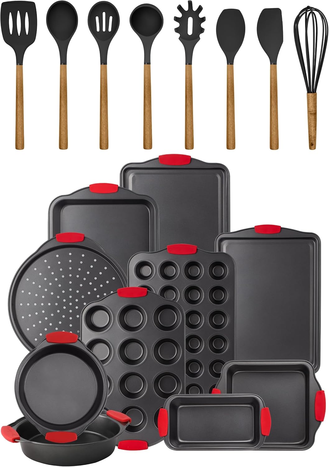 Country Kitchen Baking Pans & Utensils Bundle- 10 Non-stick Baking Pans with 8 Silicone Kitchen Utensils with Wooden Handles (Black/Red)