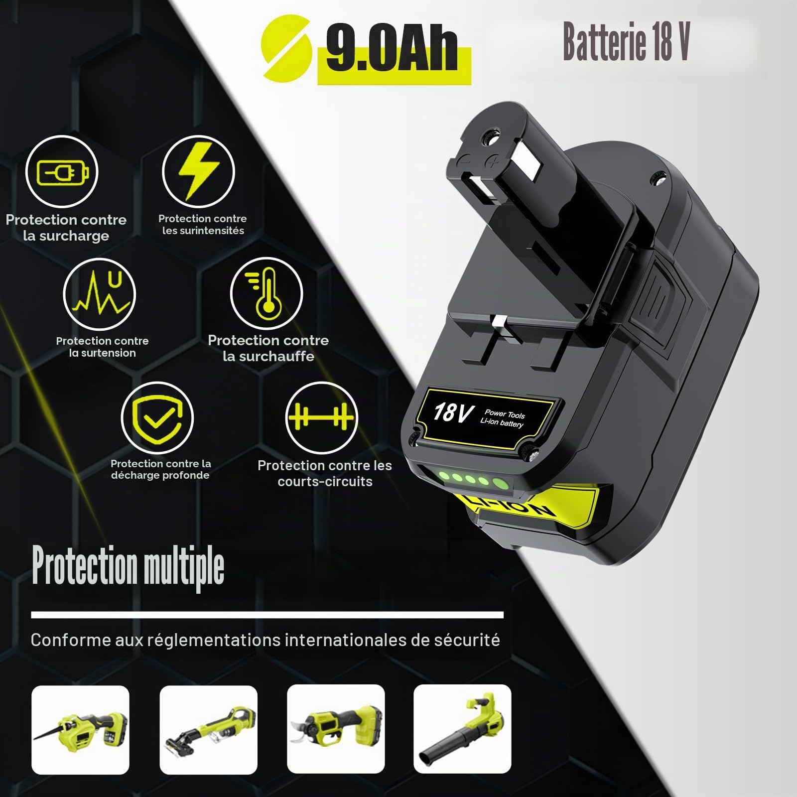 Batterie de Rechange 9,0 Ah pour Ryobi 18 V Li-ION