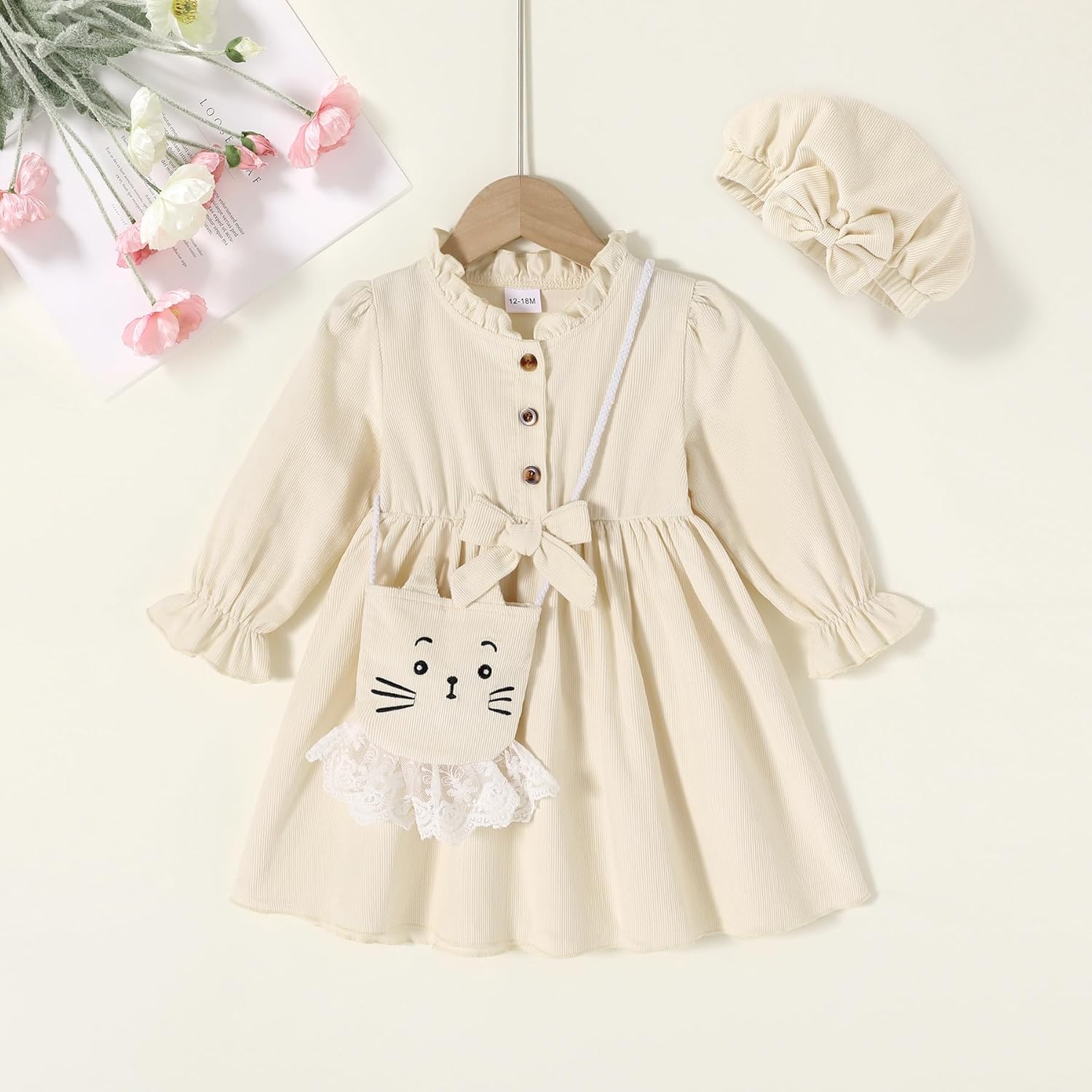Happy Town Toddler Fall Dress Baby Girls Long Sleeve Bowknot Dresses Kids Winter Casual Outfits with Hat and Bag - Image 2