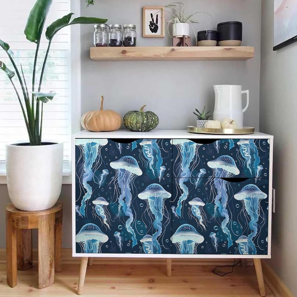 18"x236" Underwater Glittery Navy Blue Jellyfish Peel and Stick Self Adhesive Wallpaper Removable Contact Paper Stick on Easy Peel Off Wall Paper for Kitchen Bedroom Bathroom Renter