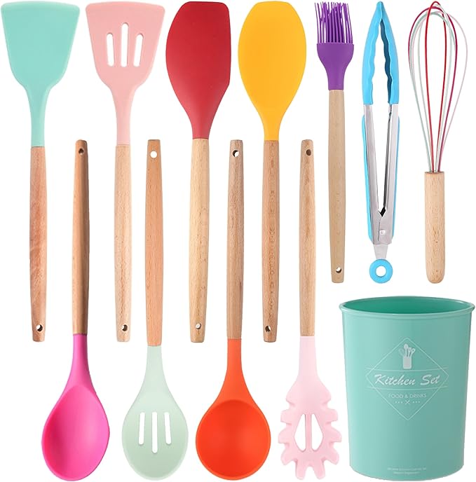 Silicone Kitchen Utensils Set, 12-piece Silicone Cooking Utensils Set Non-stick Cookware Is Heat-resistant, BPA-free, Stirring Kitchen Tools Set,Spoon,Tongs,Whisk,Brush,Spatula (Colorful)