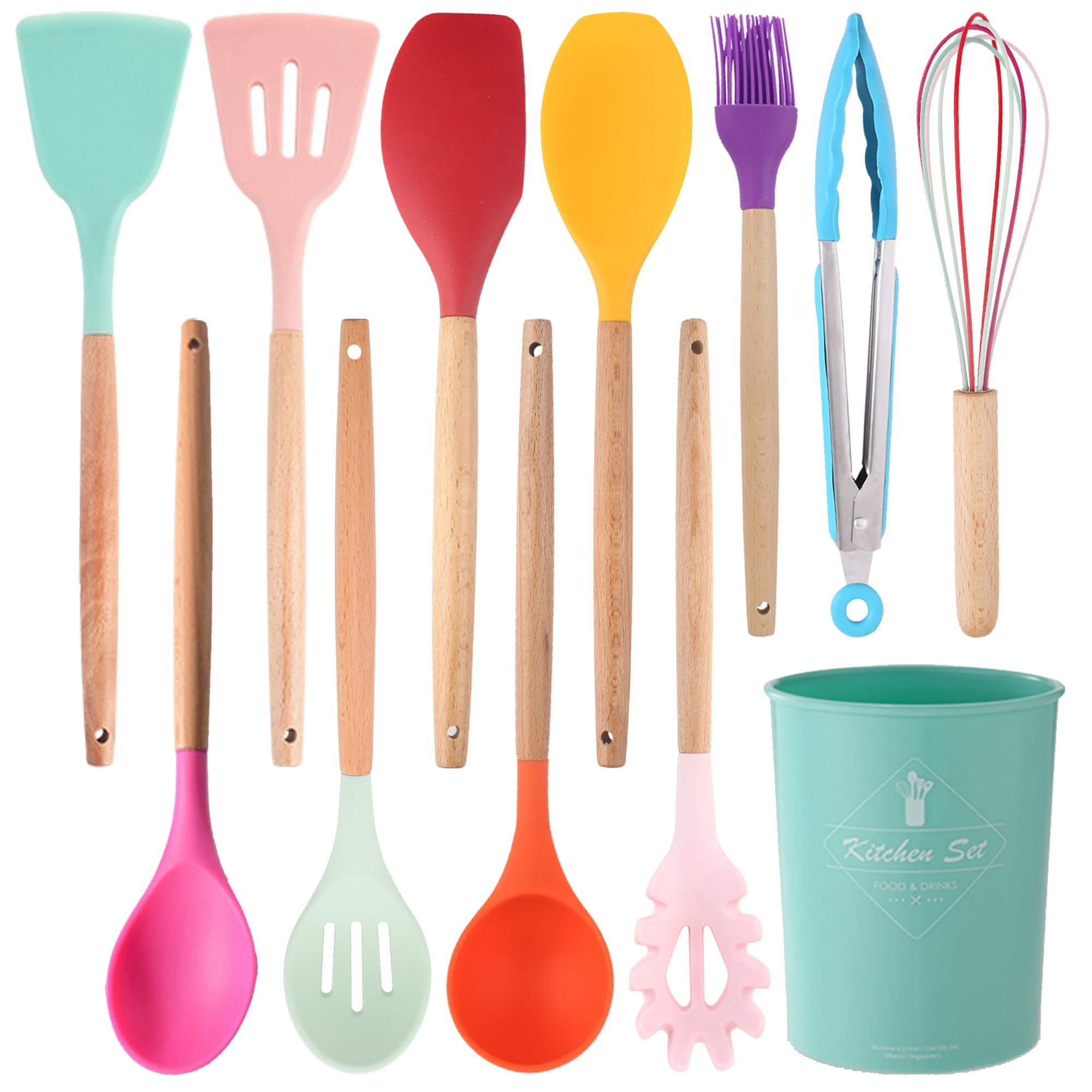 Silicone Kitchen Utensils Set, 12-piece Silicone Cooking Utensils Set Non-stick Cookware Is Heat-resistant, BPA-free, Stirring Kitchen Tools Set,Spoon,Tongs,Whisk,Brush,Spatula (Colorful)