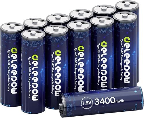 Vista 7 de Deleepow Rechargeable AA Batteries USB 1.5V AA Lithium Rechargeable Batteries, 3400mWh 12 Pack of Lithium AA Battery with USB Cable 1500 Cycle