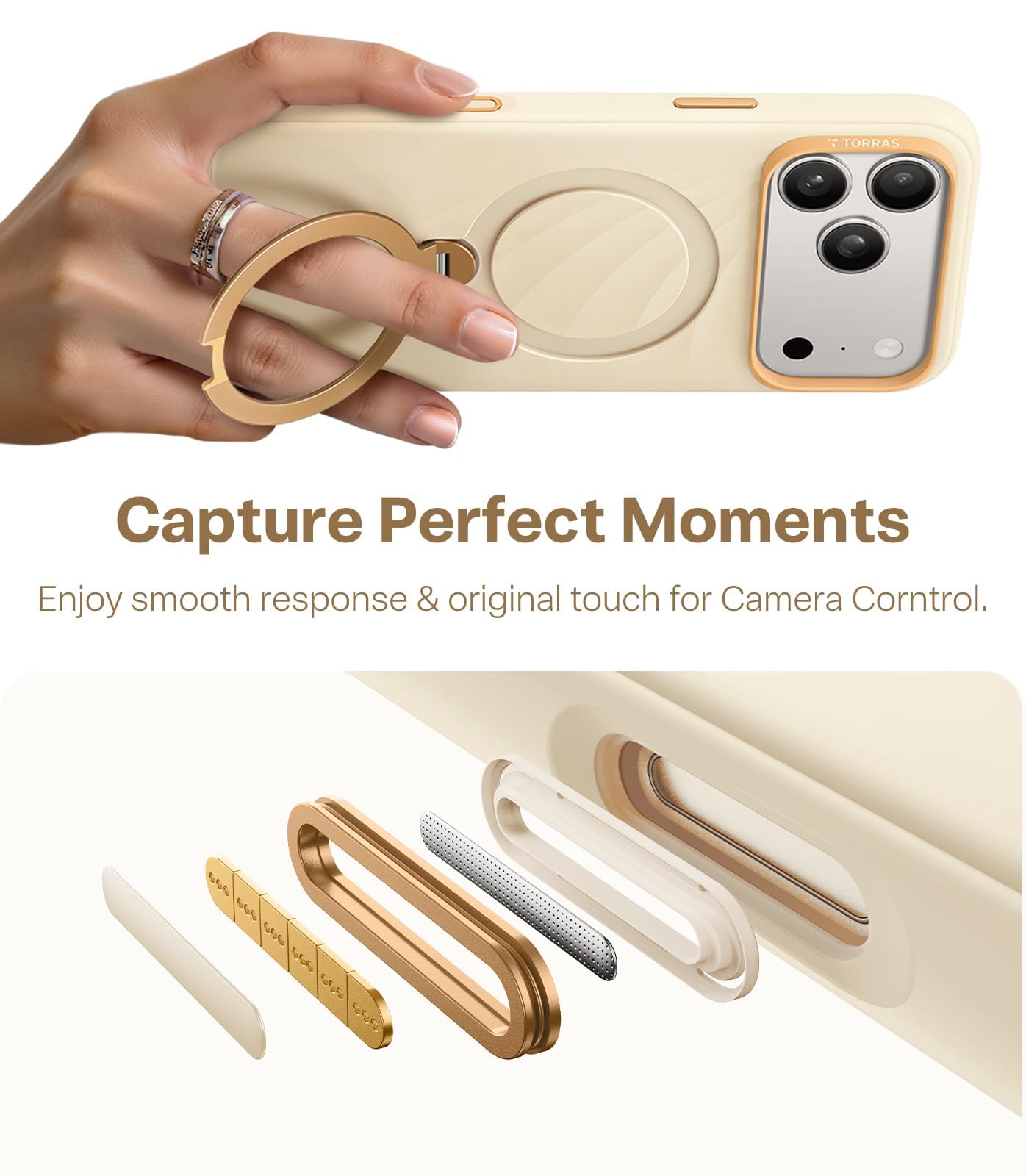 TORRAS Ostand Q3 - Funda de silicona para iPhone 17 Pro (silicona líquida superior) (soporte magnético 360°) con protección contra las teclas de la cámara para iPhone 17 Pro Case con absorción de