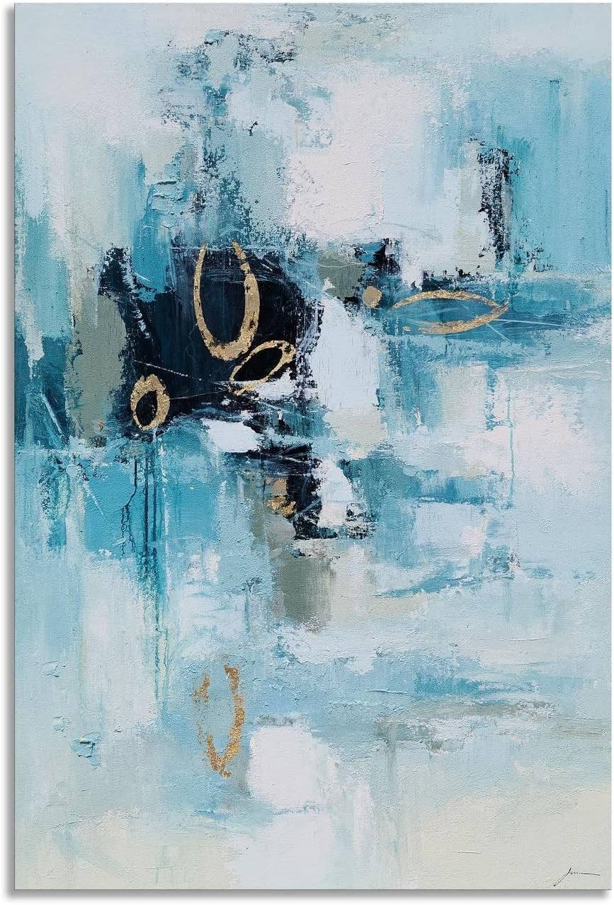 YHSKY ARTS Grey Canvas Wall Art - Hand Painted Abstract Oil Paintings with Gold Foil - Vertical City Pictures for Living Room Bedroom Bathroom Decor