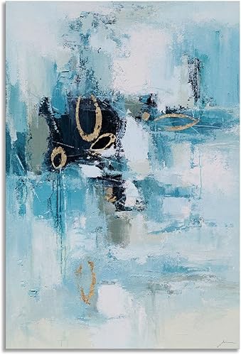 Miniatura 7 de YHSKY ARTS Lienzo abstracto para pared con lámina dorada, pinturas de color verde azulado pintadas a mano, obra de arte vertical para sala de estar,