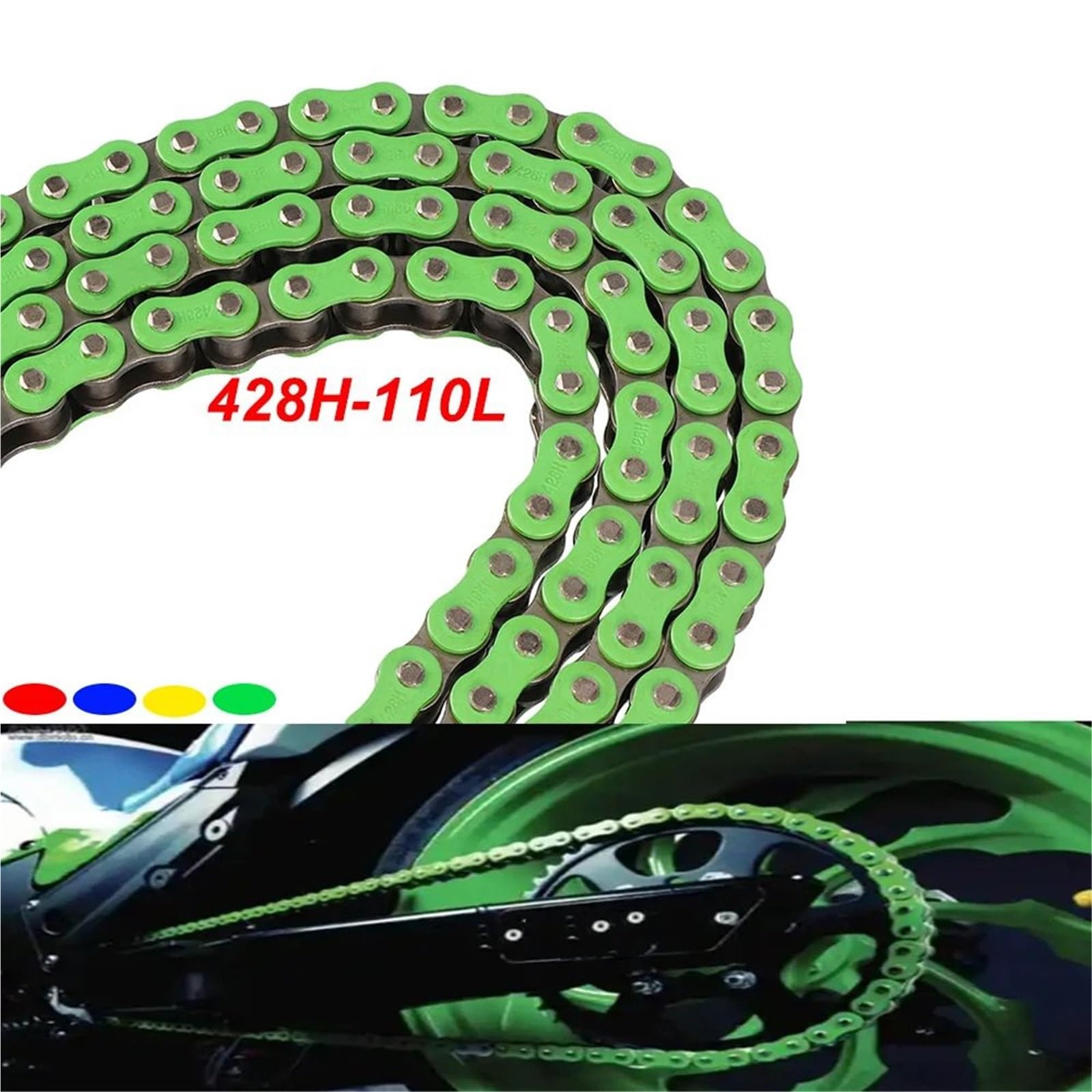 Catena di trasmissione Catena per motocicletta 428H -110 maglie, colore rosso, blu e verde, adatta per Dirt Bike, Monkey, ATV e scooter.(Green)