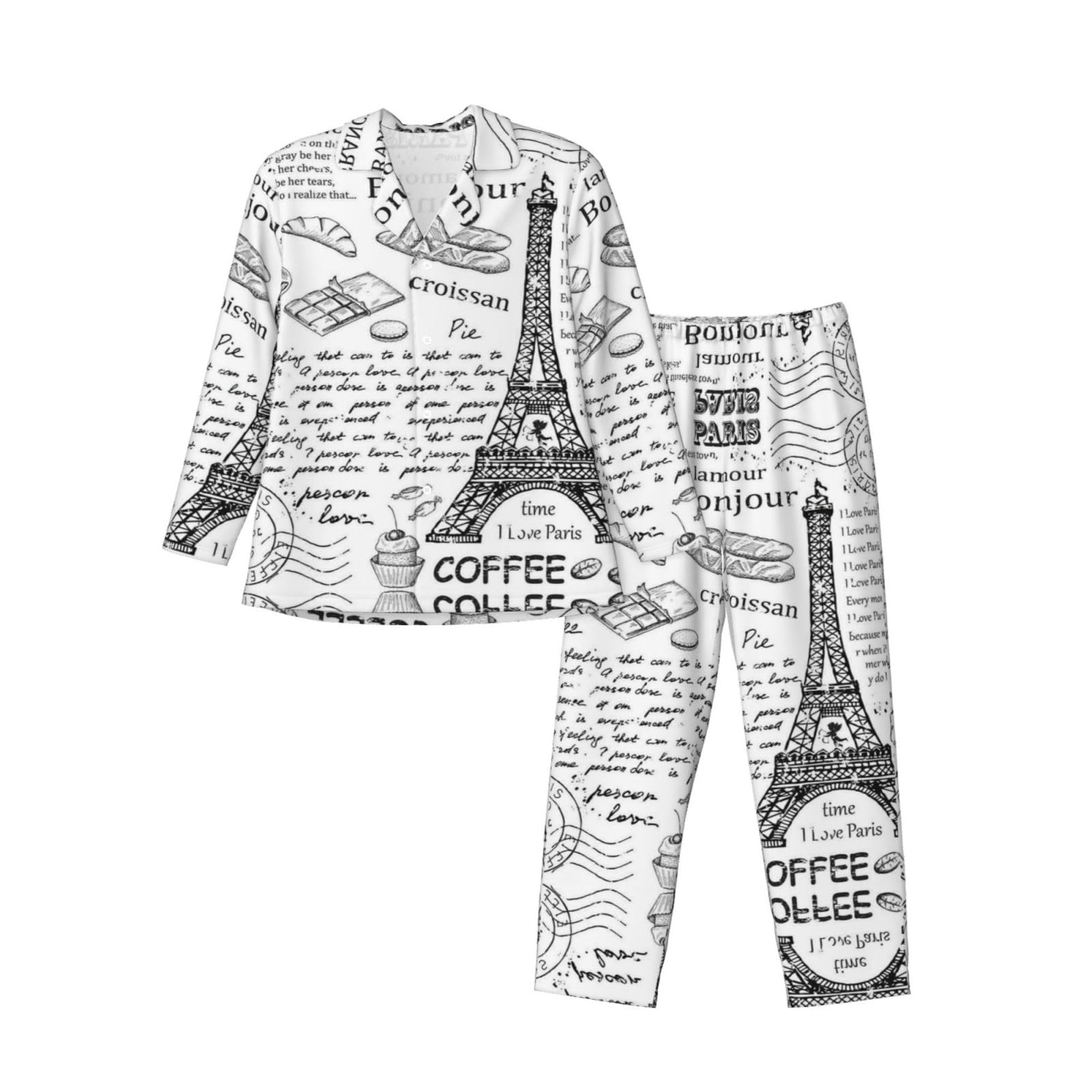 Aseelo Men's Parisian Coffee Eiffel Tower Long-Sleeved Pajama Set Long Sleeve Top And Bottoms Pyjamas Comfortable And Breathable Nightwear Pjs S