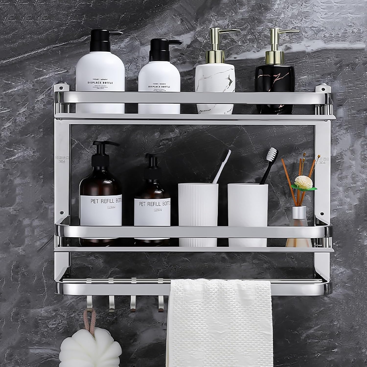 Shower Shelves Rectangular Storage Shower Caddy Easy to Clean Adhesive Shower Organizer Stainless Steel for Bathr 3 Tier-20in
