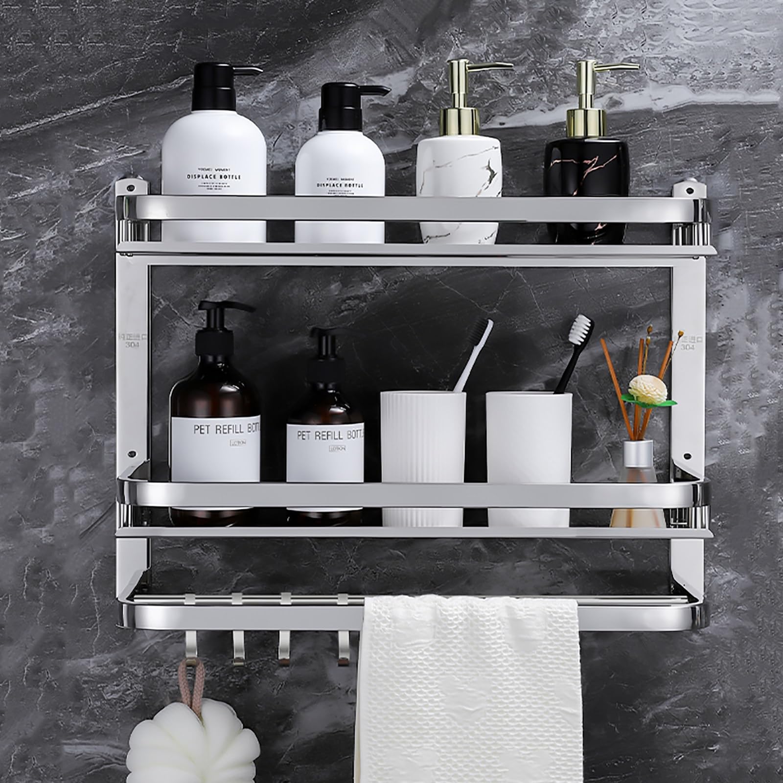 Shower Shelves Rectangular Storage Shower Caddy Easy to Clean Adhesive Shower Organizer Stainless Steel for Bathr 3 Tier-20in