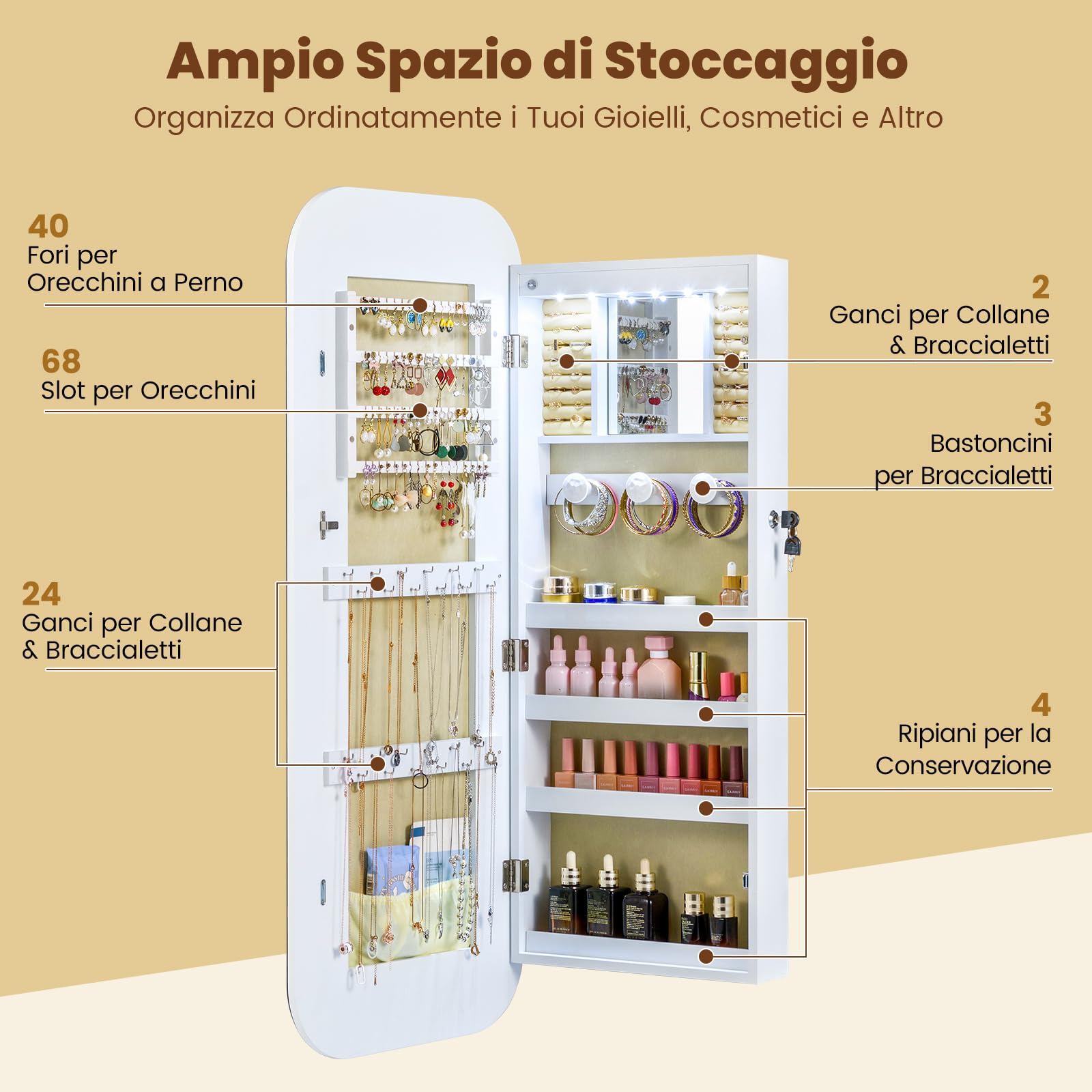 COSTWAY Specchio Portagioie da Parete, con 6 Luci LED | Armadietto per Gioielli a Muro, Ganci e Scomparto, Portagioie Donna Salvaspazio con Serratura per Camera da Letto