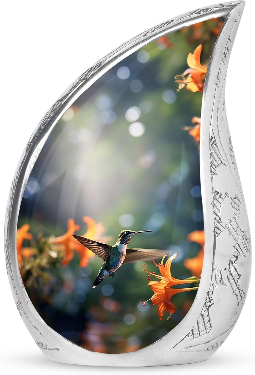 Teardrop Urn, Hummingbird Cremation Urn for Adult Ashes, Metal, Multicolor, Birds Pattern, 3 Inch, Polished, Threaded Lid