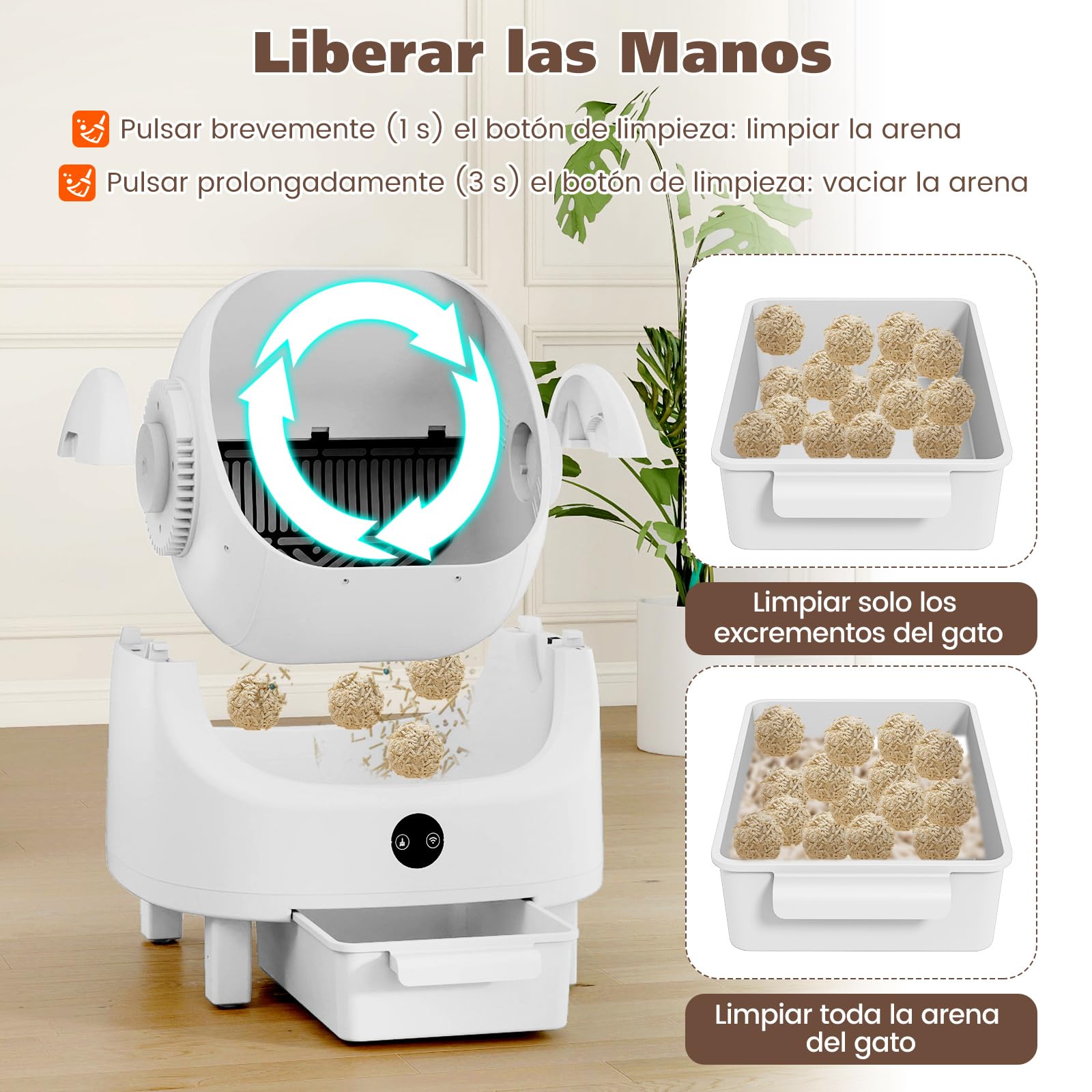 COSTWAY Arenero Gatos Autolimpiable, Diseño Abierto, Apertura de 39x39 cm, Arenero Automático para Gatos con Control por APP, Sin Olores, Sensores de Seguridad, Silencioso, Caja de Arena Autolimpiable