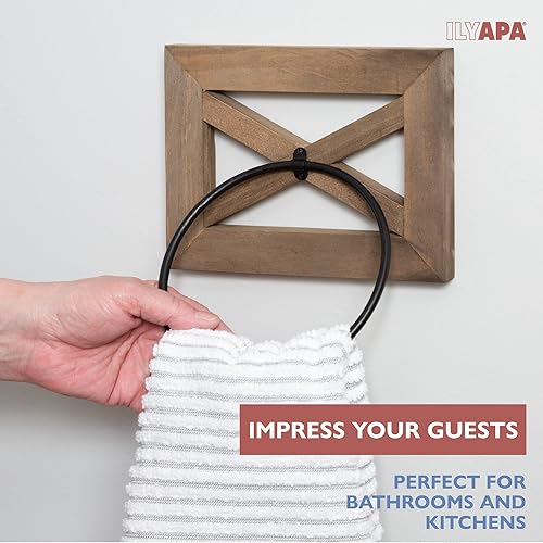 Miniatura 4 de Ilyapa Anillo de toalla de mano rústico para baño, soporte para toalla de mano de baño montado en la pared, anillo de madera de granero y metal