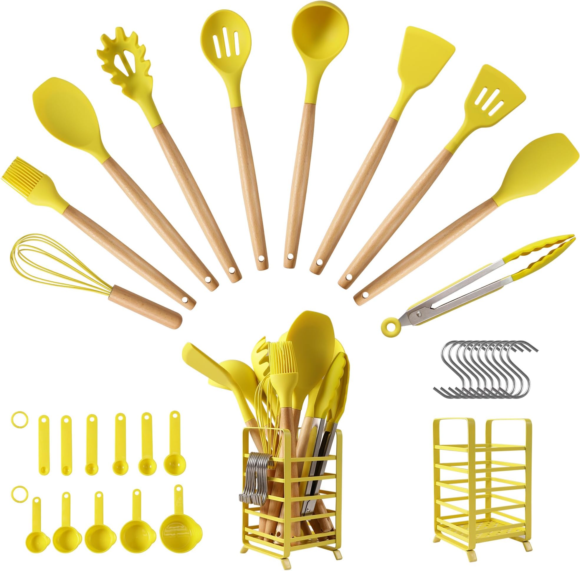 hecef Kitchen Utensils Set, 32 PCS Silicone Cooking Spatula Turner with Stainless Steel Holder, 446°F Heat Resistant Food Grade Kitchen Gadgets Tools Set Wooden Handle for Nonstick Cookware(Yellow)