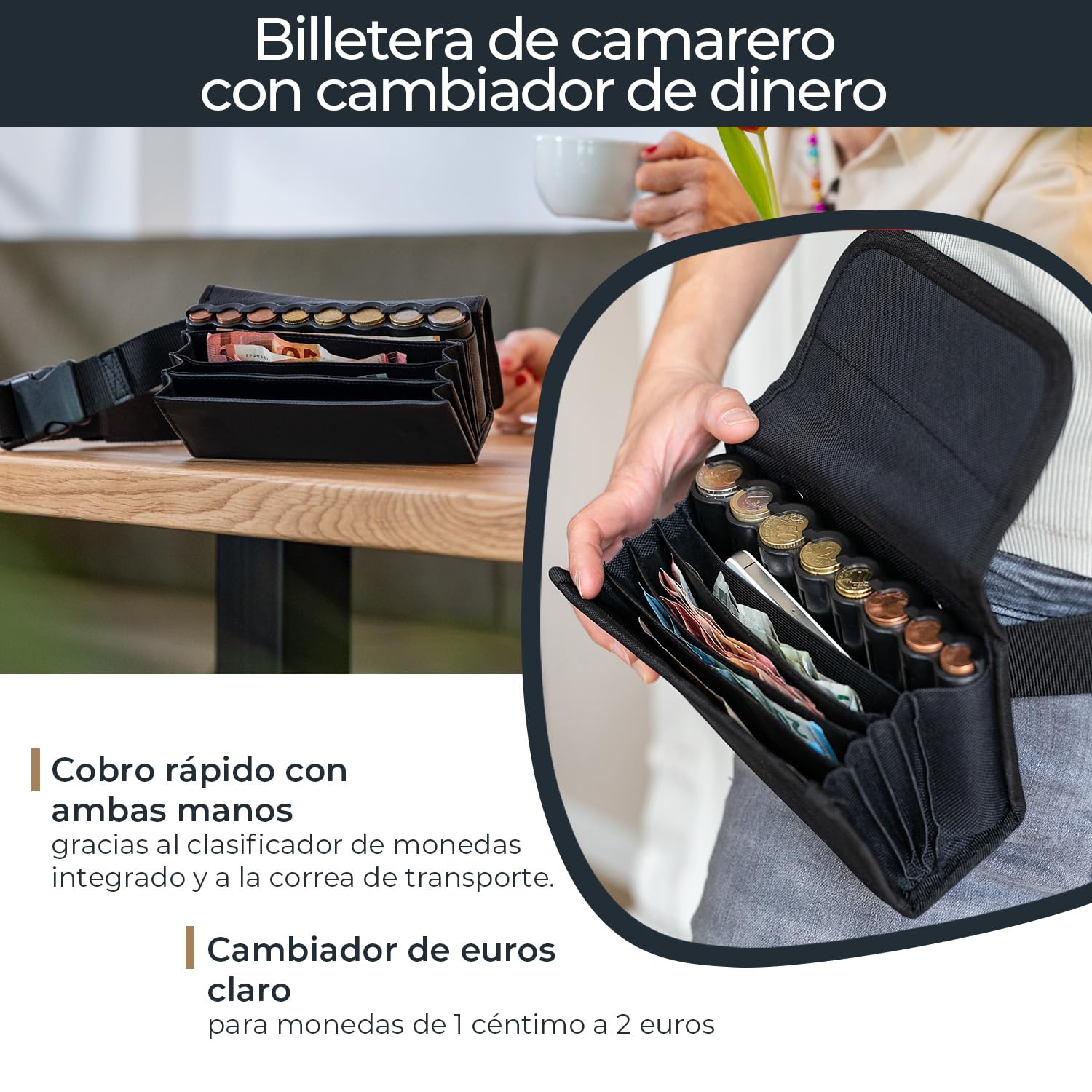 HMF Cartera de Camarero, Monedero Profesional con Cambiador de Euros y Correa de Transporte, 20,5 x 6,5 x 10 cm, Negro