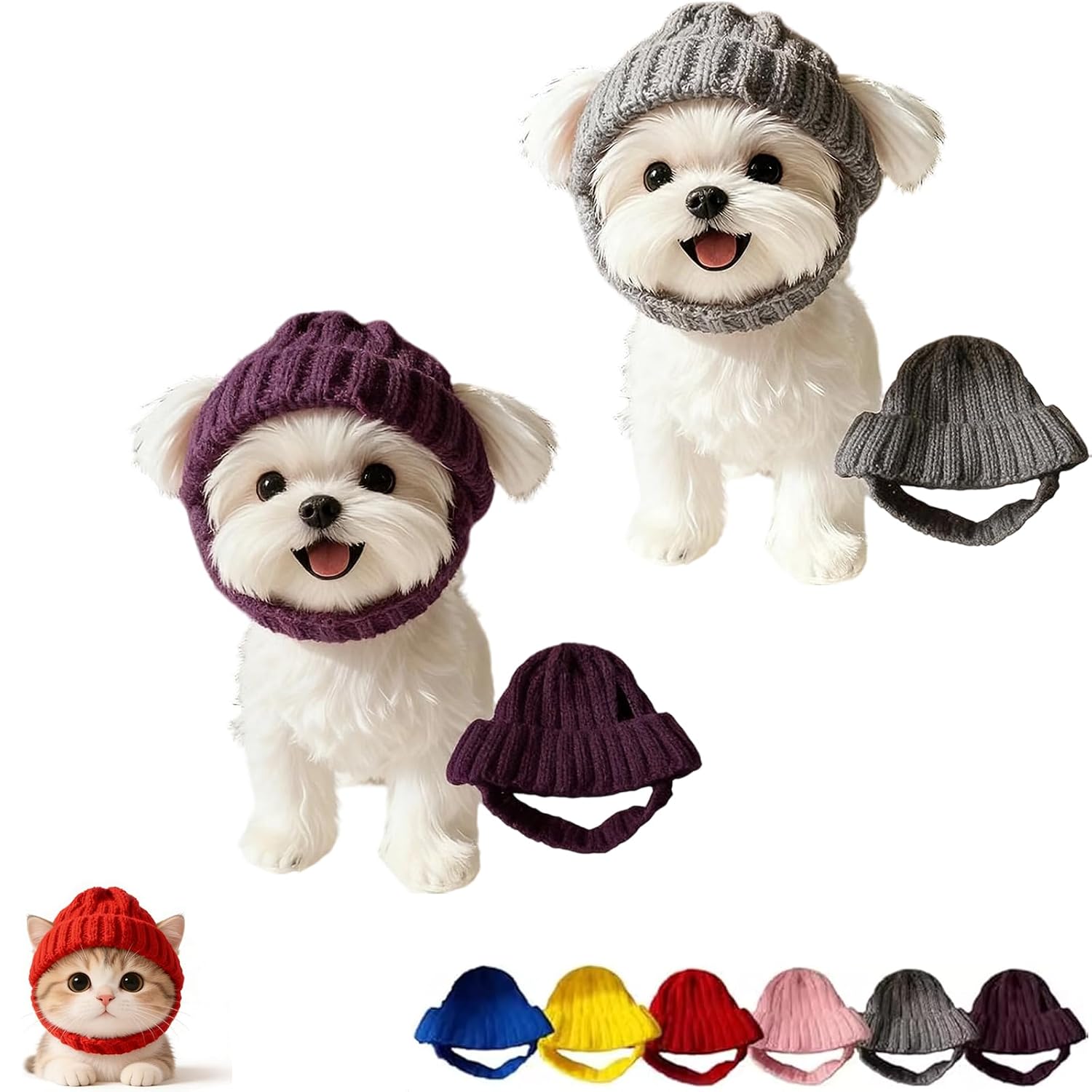 Red Wool Knit Dog Beanie with Ear Flaps, Dog Warm Winter Hat, Makeing Every Walk or Photo Moment Extra Snug and Stylish, Soft Knitted Hat Pet Cap for Small Dogs & Cat (Purple+Gray)