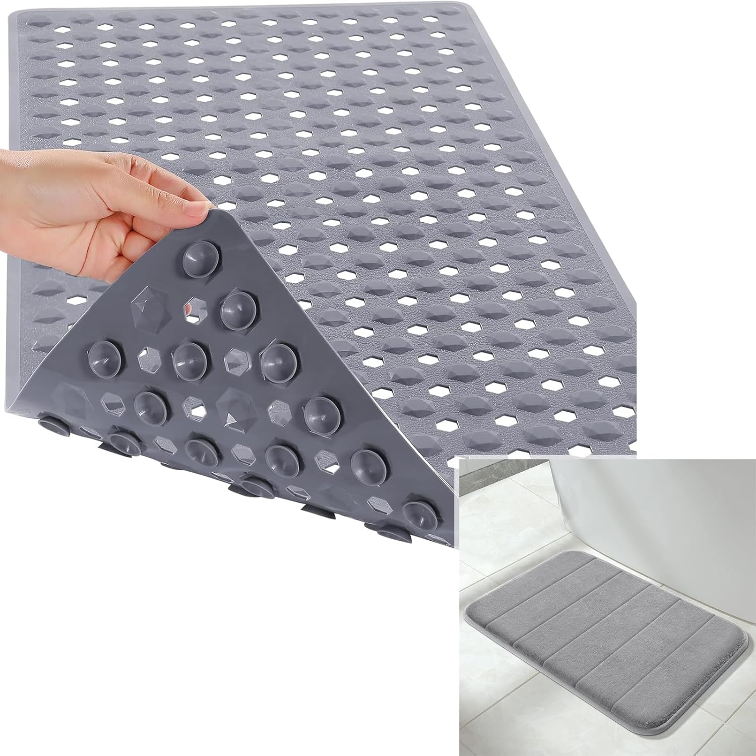 Yimobra Bathtub Shower Mat, Long Non Slip Bath Mats for Tub with Drain Hole and Suction Cups, Soft on Feet, Machine Washable, Easy Dry, 34.5 x 15.5 Inch, Grey
