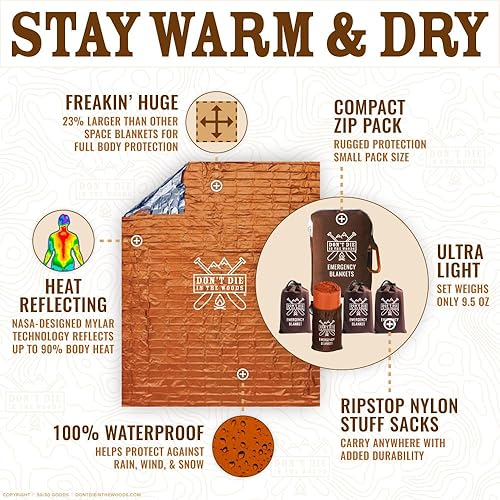 Miniatura 7 de Don't Die In The Woods - Freakin' - Mantas de emergencia enormes [paquete de 4] mantas espaciales térmicas extragrandes de Mylar con bolsas