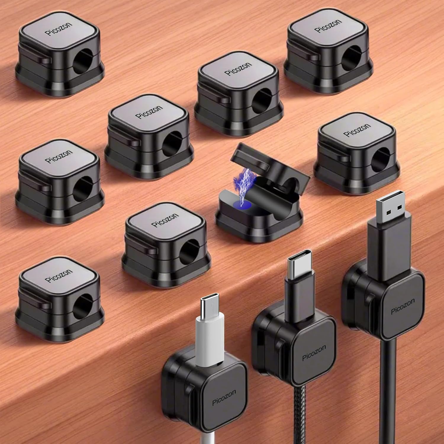 Paquete de 12 Clips de Cable magnético Organizador de Cable Soporte, Picozon Adhesivo Gestión de Cables, Cable Teléfono Cargador USB Soporte de Cable para Coche, Oficina Escritorio Doméstico - Negro